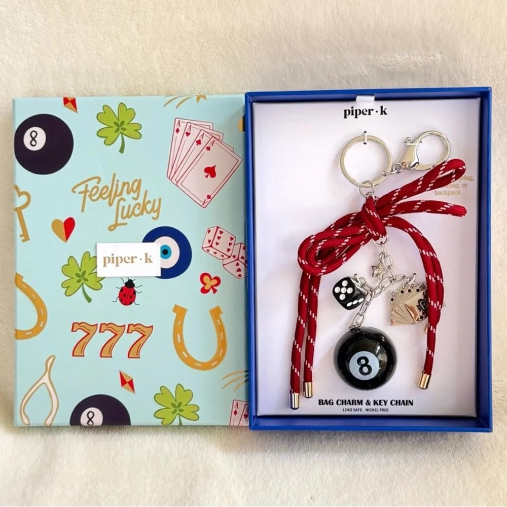 Piper K 8 Ball Bag Charm & Keychain with Red Rope